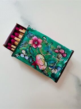 Vintage Hand Painted Floral Enameled Chinese Matchbox Cover w/ Matchbox
